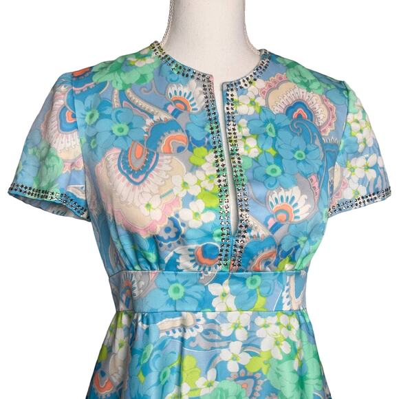 Vintage 60s 70s Nardiello for Rona NY Floral Dress DeepV Rhinestones Size Small - Picture 6 of 13
